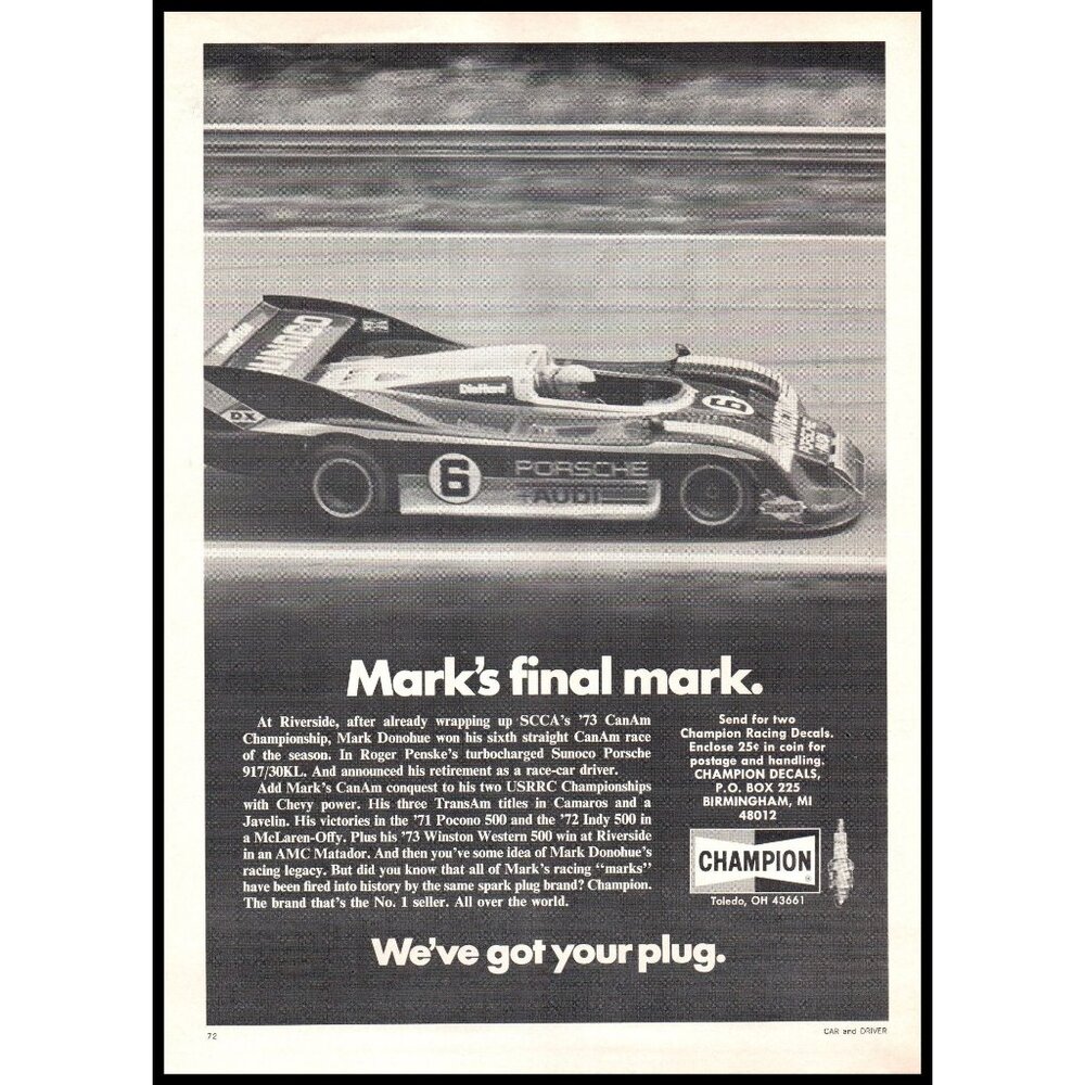 1974 Champion Spark Plugs Porsche 917 Race Car Vintage Print Ad Wall Art Photo